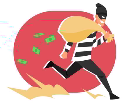 illustration of a thief stealing a lot of money and running away. money falling. masked. criminal. bad people. theft. work, etc. flat vector illustration