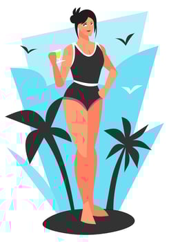 illustration of girl in swimsuit holding orange juice. sky blue background and coconut tree silhouette. suitable for summer theme, beach, swimming, holiday, lifestyle, etc. flat vector