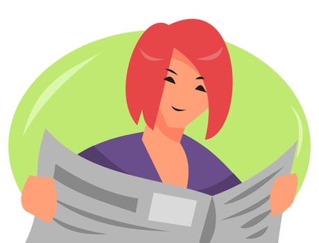 illustration of short hair girl reading newspaper. isolated on a green background. suitable for the theme of news, work, hobbies, information, habits, etc. flat vector style