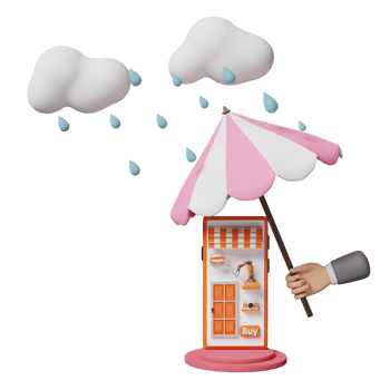 3d businessman hands hold umbrella with mobile phone, smartphone store front, cloud, drop rain water isolated. protect startup franchise business concept, 3d render illustration png