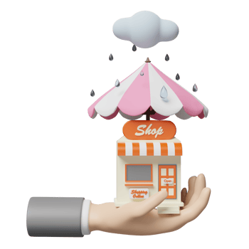 businessman hands hold shop or store front with umbrella ,cloud, drop rain water isolated. protect startup franchise business concept, 3d illustration or 3d render png