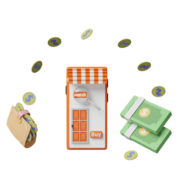 3d wallet and orange mobile phone or smartphone with store front, coins, dollar banknote isolated. saving money concept, 3d render illustration png