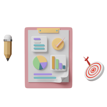 charts and graph with analysis business financial data, white clipboard checklist, target, darts, check isolated. Online marketing, business strategy concept, 3d illustration or 3d render png