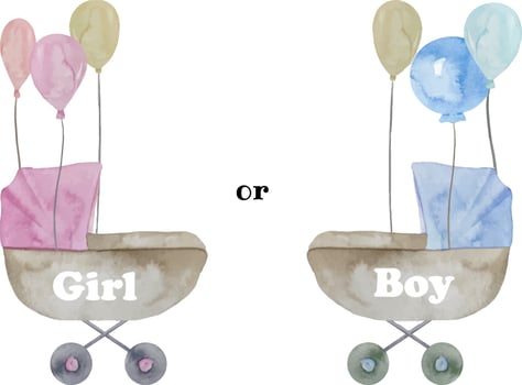 Watercolor Illustration for Gender Reveal party. It's a Girl and It's a Boy. Template for Baby shower party decoration in blue and pink colors, invitation, announcement , poster, etc. vector