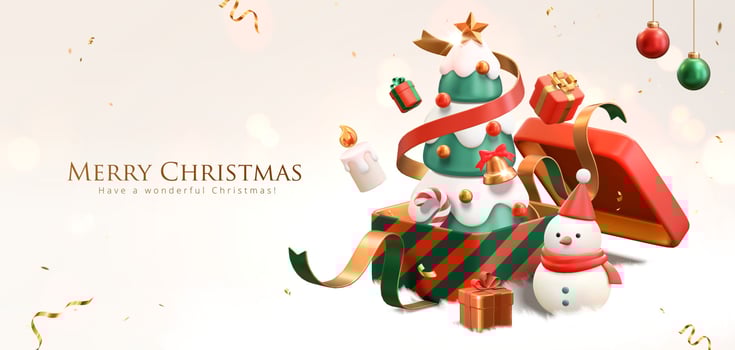 3d Christmas banner. A Christmas tree in gift box with Christmas ornament around the white background vector