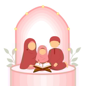 Muslim family father and mother teaching children to read holy quran vector