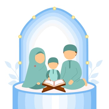 Muslim family father and mother teaching children to read holy quran vector