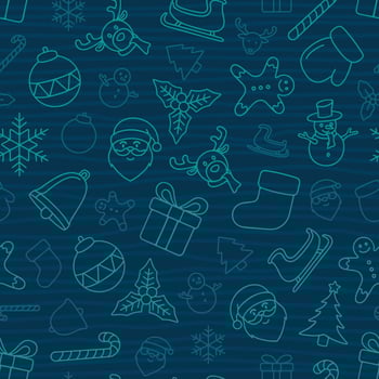 Christmas themed hand drawn seamless pattern on dark blue background vector