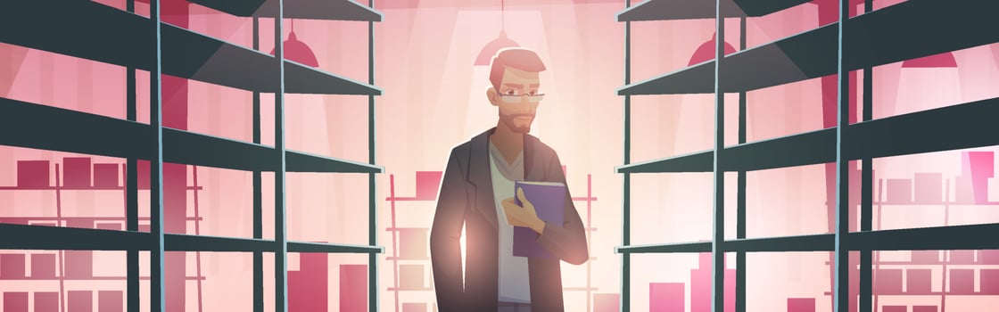 Businessman in warehouse with empty metal racks vector