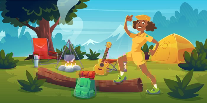 Woman in summer camp with bonfire, tent and guitar vector