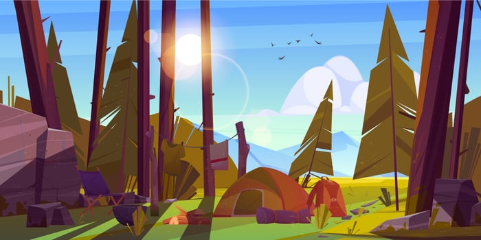 Camping tourist tent in forest, traveler camp vector