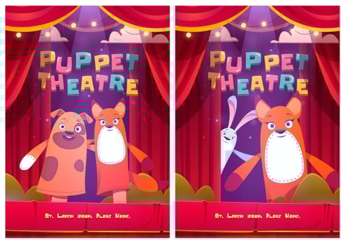 Puppet theatre posters with animals dolls vector