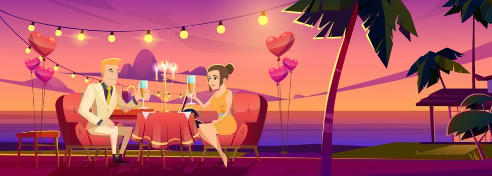 Sunset party poster with happy couple on sea coast vector