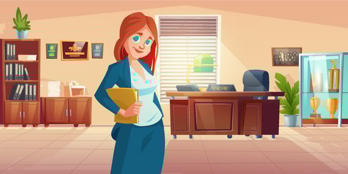 Woman principal in school office with desk, c vector