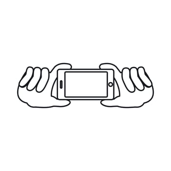 Two hands holding mobile phone icon, outline style vector