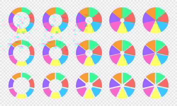 Pie and donut charts collection. Circle diagrams divided in 7 sections of different colors. Infographic wheels with seven equal parts isolated on transparent background vector