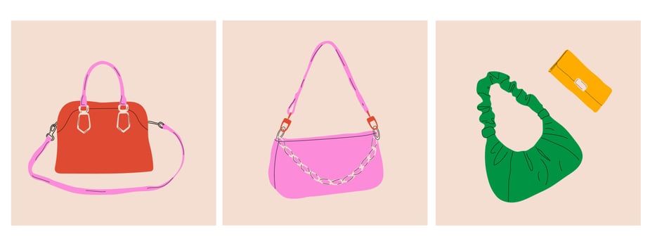 Set of three  various colorful female bags. Fashionable leather accessories. Hand drawn trendy Vector illustration. Isolated elements