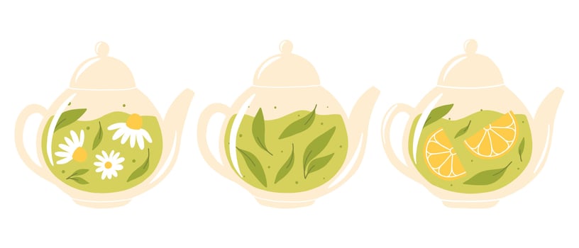 Set of teapots with tea. Collection of teapots with green, herbal and chamomile tea. Vector illustration. Flat style.