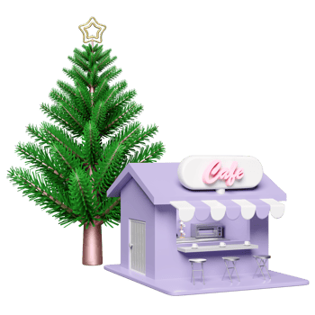 3d store front coffee shop with christmas tree, chair, electric oven, cup drying rack isolated. startup franchise business, happiness cards, festive New Year concept, 3d illustration render png