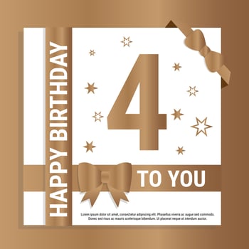 Happy 4th Birthday. Gold numerals and glittering gold ribbons. Festive background. Decoration for party event, greeting card and invitation, design template for birthday celebration. Eps10 Vector