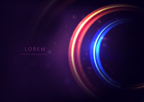 Abstract technology futuristic neon circle glowing blue and red light lines with speed motion blur effect on dark blue background. vector