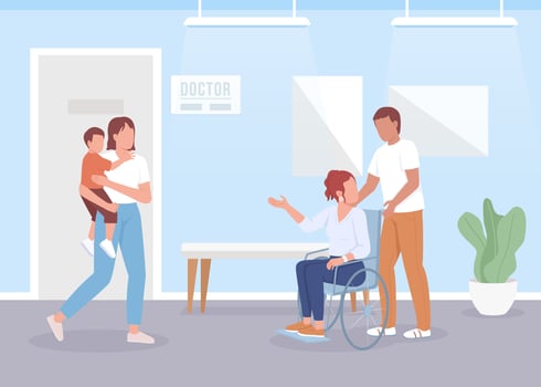 Patients in clinic corridor flat color vector illustration. Public healthcare service. Fully editable 2D simple cartoon characters with hospital interior on background