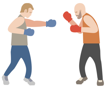 Two male boxers fighting against each other. Box fighters on left and right corners flat style illustration. PNG with transparent background.