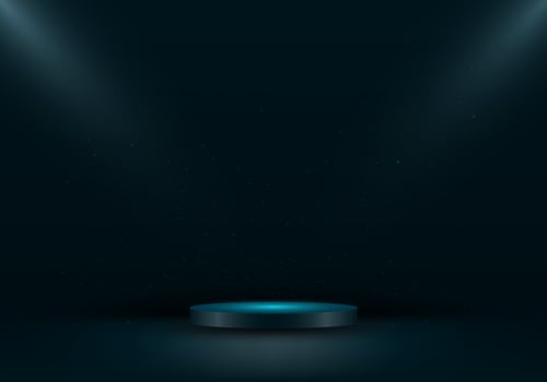 3D podium platform empty dark green studio room with spotlight and scattered dust particles on show stage. Luxury style vector