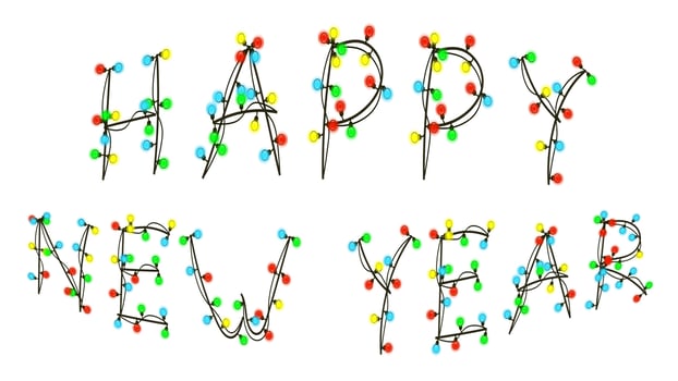 Happy new year greeting in garland font isolated on white. Greeting card with convex text. Vector EPS 10.