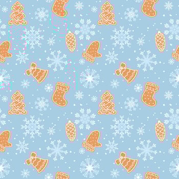 Winter seamless pattern with gingerbread and snowflakes on a blue background vector