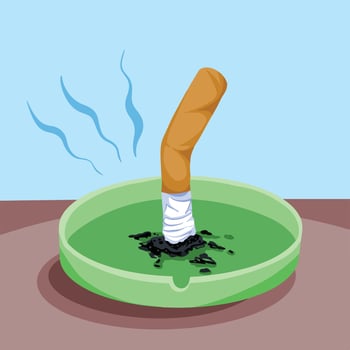Cigarette on green ashtray with black ashes vector illustration. Drawing on blue background and wooden brown desk isolated.