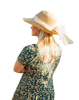 Transparent PNG Pretty Caucasian Outdoors Girl Wearing Sundress and Hat Facing Away From Camera.
