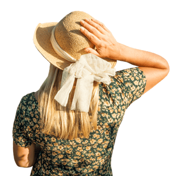 Transparent PNG Pretty Caucasian Outdoors Girl Wearing Sundress and Hat Facing Away From Camera.