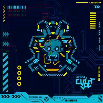 Robot skull in neon cyberpunk blue design with dark background. Abstract technology vector illustration.