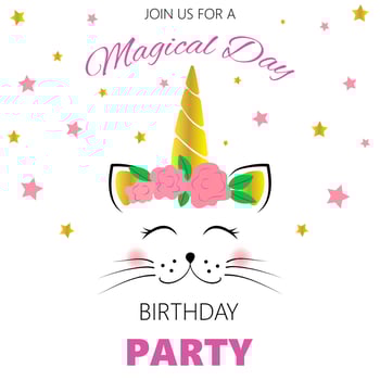 Birthday invitation with unicorn cat. Children's birthday invitation template. Cute unicorn cat. Vector illustration