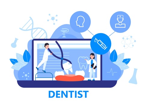 Dentist service vector concept for landing page. Tiny dentists make x-ray scan of teeth to help toothache, to whiten enamel or recovery implant. Online conference for dentistry specialist