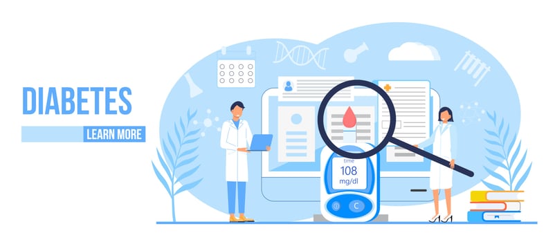 Diabetes mellitus, type 2 diabetes and insulin production concept vector. Landing page with magnifier and blood glucose testing meter, tiny doctors treat patient. Glucometer application vector