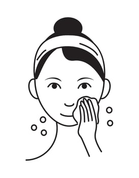 Washing face icon vector. Girl shows how to cleaning, whiting face and use cosmetic cleanser. Info-graphic in outline style illustration isolated vector
