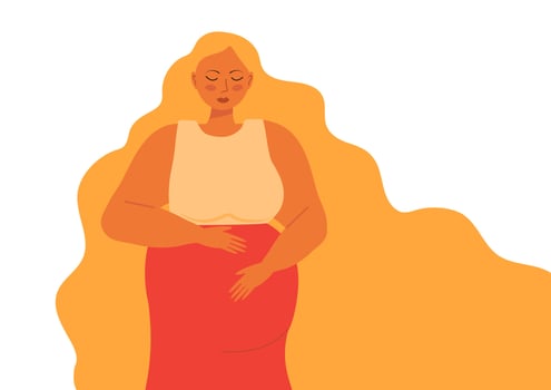 Cute woman with long blond hair hugs her big belly. Love her future baby and for yourself, high esteem and body positive concept vector. Pregnancy concept vector