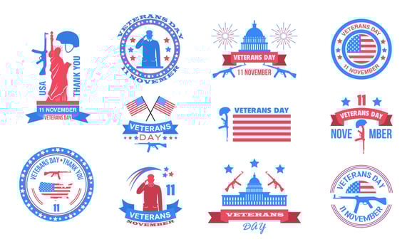Veterans day set vector. Military event is celebrated in 11th November in United States. Helmet hangs on rifle. USA flag background. Soldier, statue of freedom, ribbons are shown on label, vector