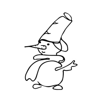Snowman line art in scarf and bucket hat, carrot nose. Coloring page doodle Vector illustration.