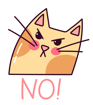 Angry cat NO sticker. Funny doodle kitty character. Hand drawn colorful illustration isolated on transparent background. png