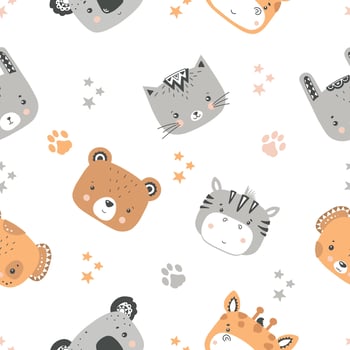 Seamless pattern with cute animal faces. Vector illustration in the style of flat.