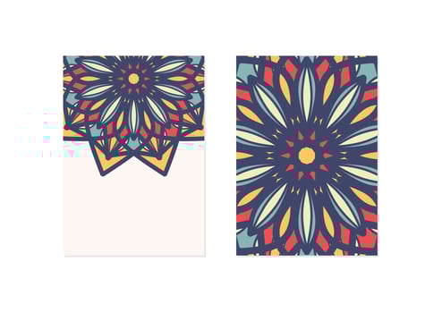 Half empty mandalas holiday cards. Vector vintage visiting card set. Floral mandala pattern and ornaments. Oriental design Layout. Islam, Arabic, Indian, ottoman motifs. Front page and back page.
