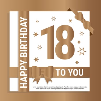 Happy 18th Birthday. Gold numerals and glittering gold ribbons. Festive background. Decoration for party event, greeting card and invitation, design template for birthday celebration. Eps10 Vector