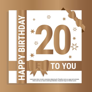 Happy 20th Birthday. Gold numerals and glittering gold ribbons. Festive background. Decoration for party event, greeting card and invitation, design template for birthday celebration. Eps10 Vector