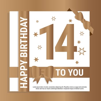 Happy 14th Birthday. Gold numerals and glittering gold ribbons. Festive background. Decoration for party event, greeting card and invitation, design template for birthday celebration. Eps10 Vector