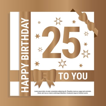 Happy 25th Birthday. Gold numerals and glittering gold ribbons. Festive background. Decoration for party event, greeting card and invitation, design template for birthday celebration. Eps10 Vector