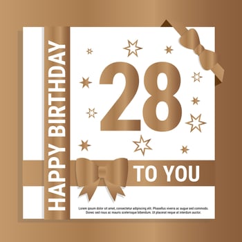 Happy 28th Birthday. Gold numerals and glittering gold ribbons. Festive background. Decoration for party event, greeting card and invitation, design template for birthday celebration. Eps10 Vector