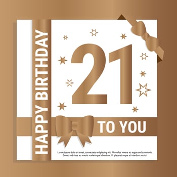 Happy 21th Birthday. Gold numerals and glittering gold ribbons. Festive background. Decoration for party event, greeting card and invitation, design template for birthday celebration. Eps10 Vector